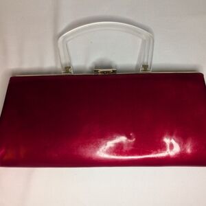 Elegant Cherry Red Clutch with Clear Handle And Gold Hardware